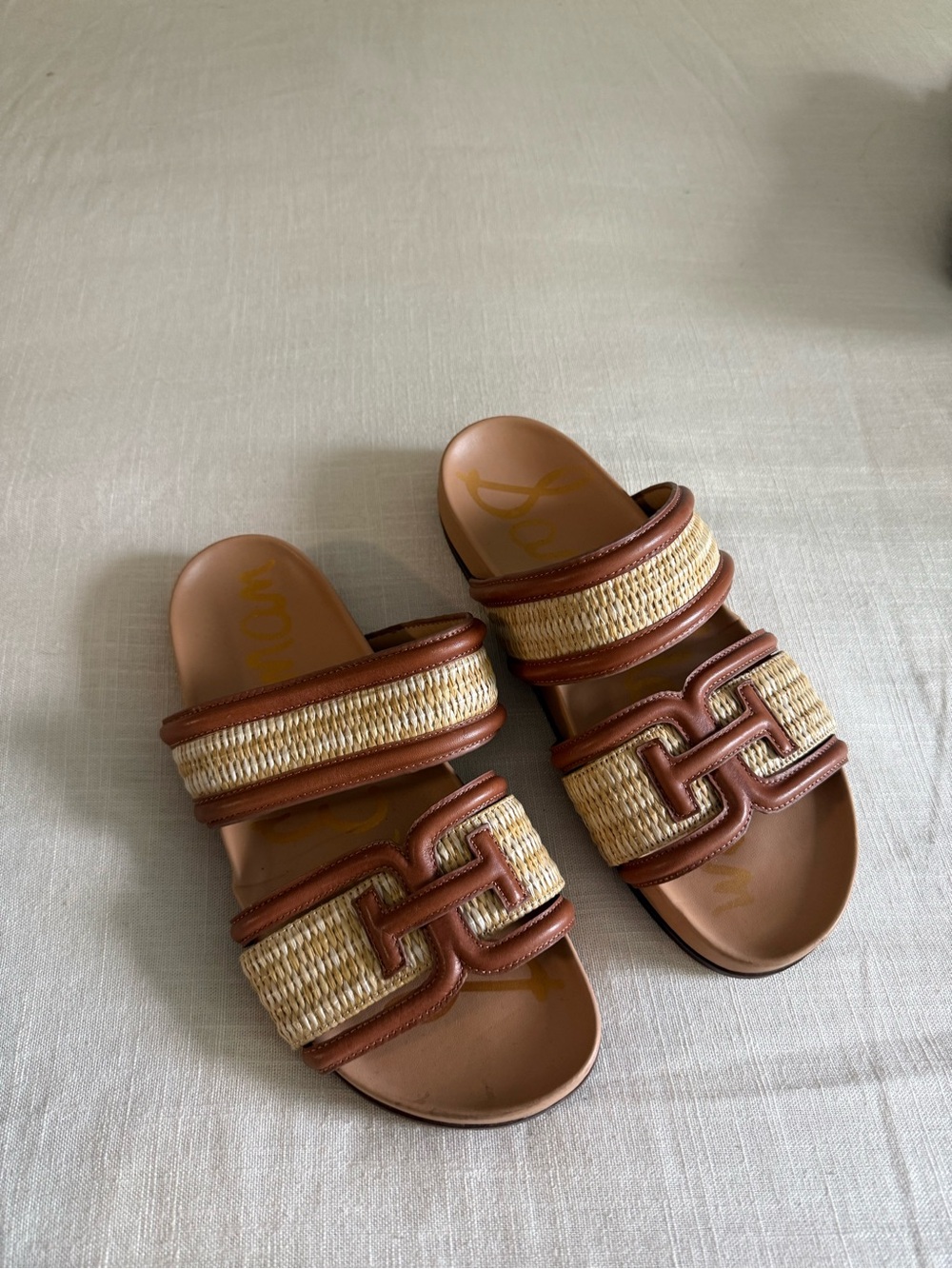 Sam Edelman Brown Raffia Double-Strap Slide Sandals